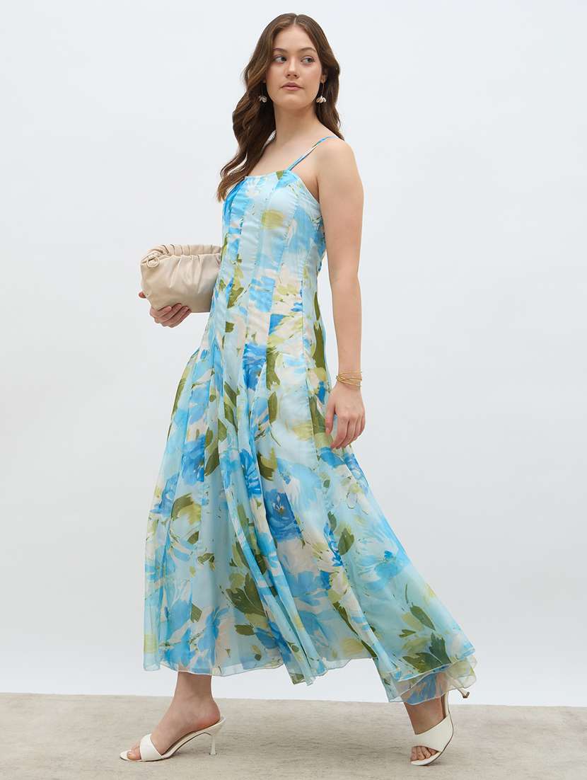 women printed shoulder strap fit & flare dress