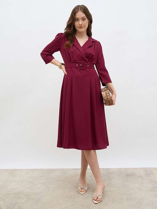 women solid lapel neck pleated a-line dress - 22219909 -  Standard Image - 0