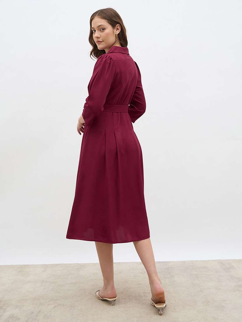 women solid lapel neck pleated a-line dress - 22219909 -  Standard Image - 3