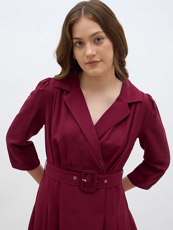 women solid lapel neck pleated a-line dress - 22219909 -  Standard Image - 5