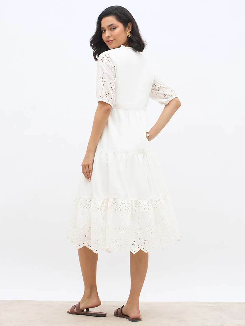 women solid puff sleeve schiffli tiered dress - 22219911 -  Standard Image - 3
