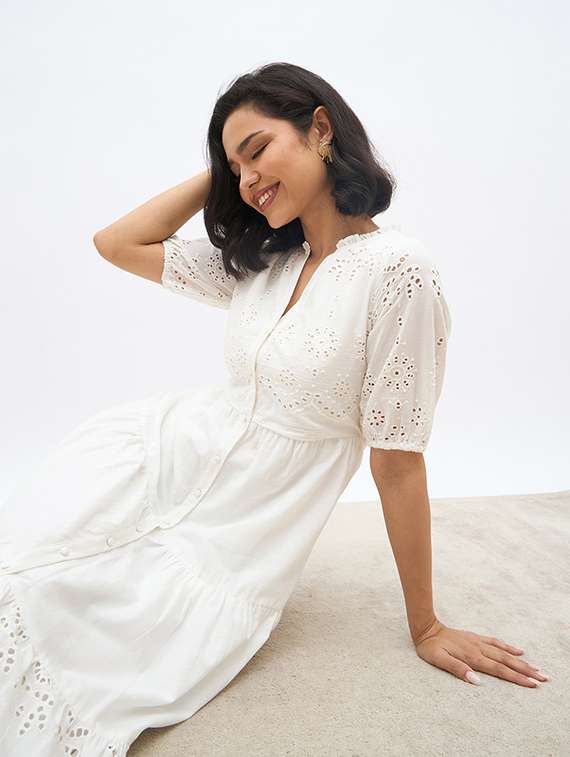 women solid puff sleeve schiffli tiered dress - 22219911 -  Standard Image - 5