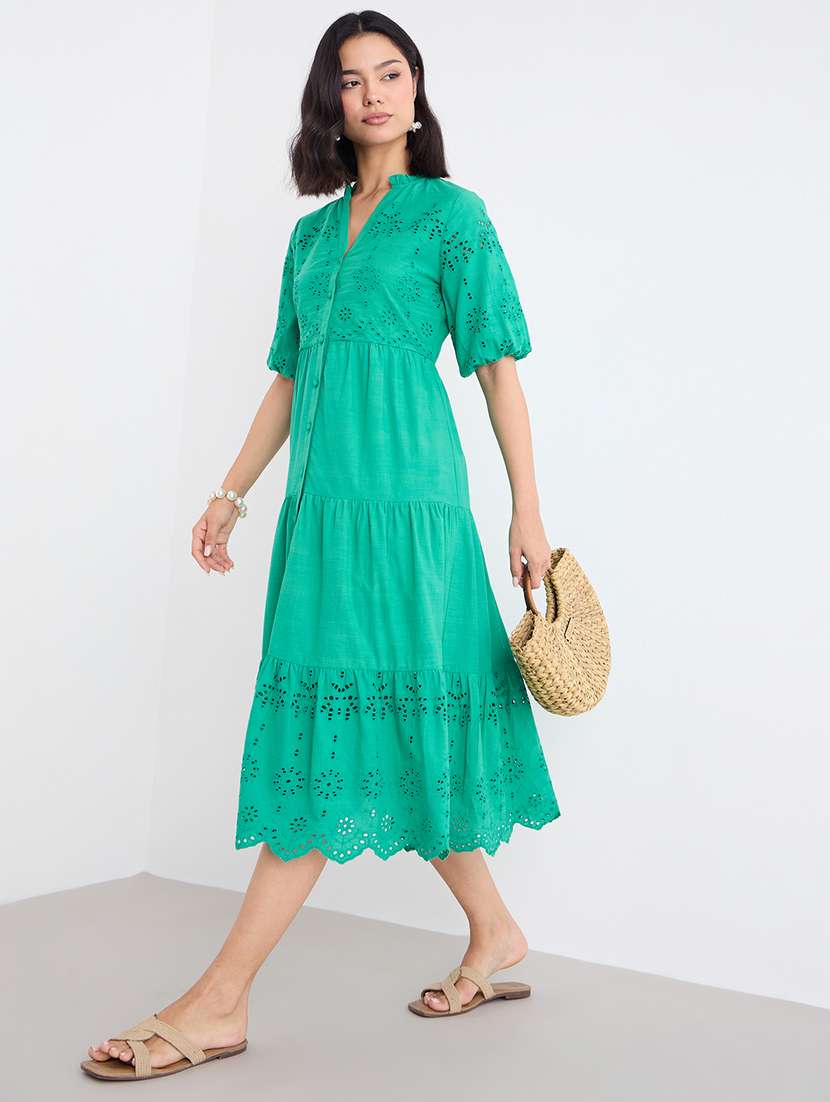 women solid puff sleeve schiffli tiered dress