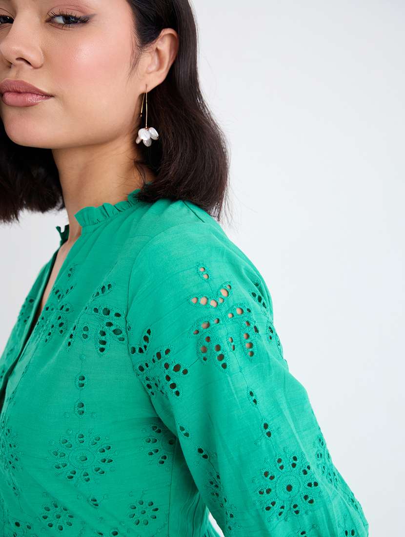 women solid puff sleeve schiffli tiered dress - 22219912 -  Standard Image - 3