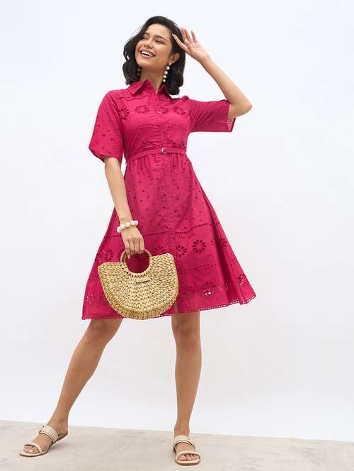 women solid short sleeve schiffli shirt dress - 22219914 -  Standard Image - 0