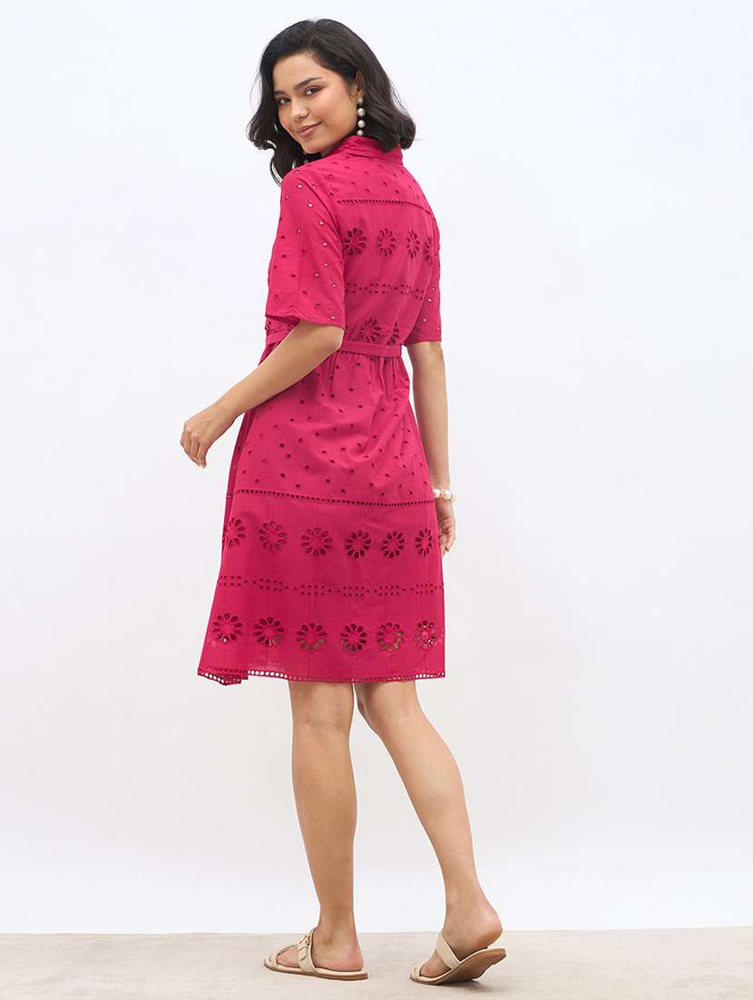 women solid short sleeve schiffli shirt dress - 22219914 -  Standard Image - 3