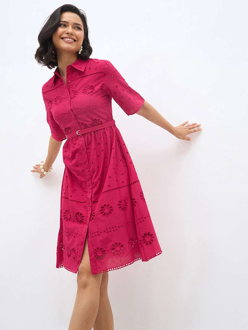 women solid short sleeve schiffli shirt dress - 22219914 -  Standard Image - 5