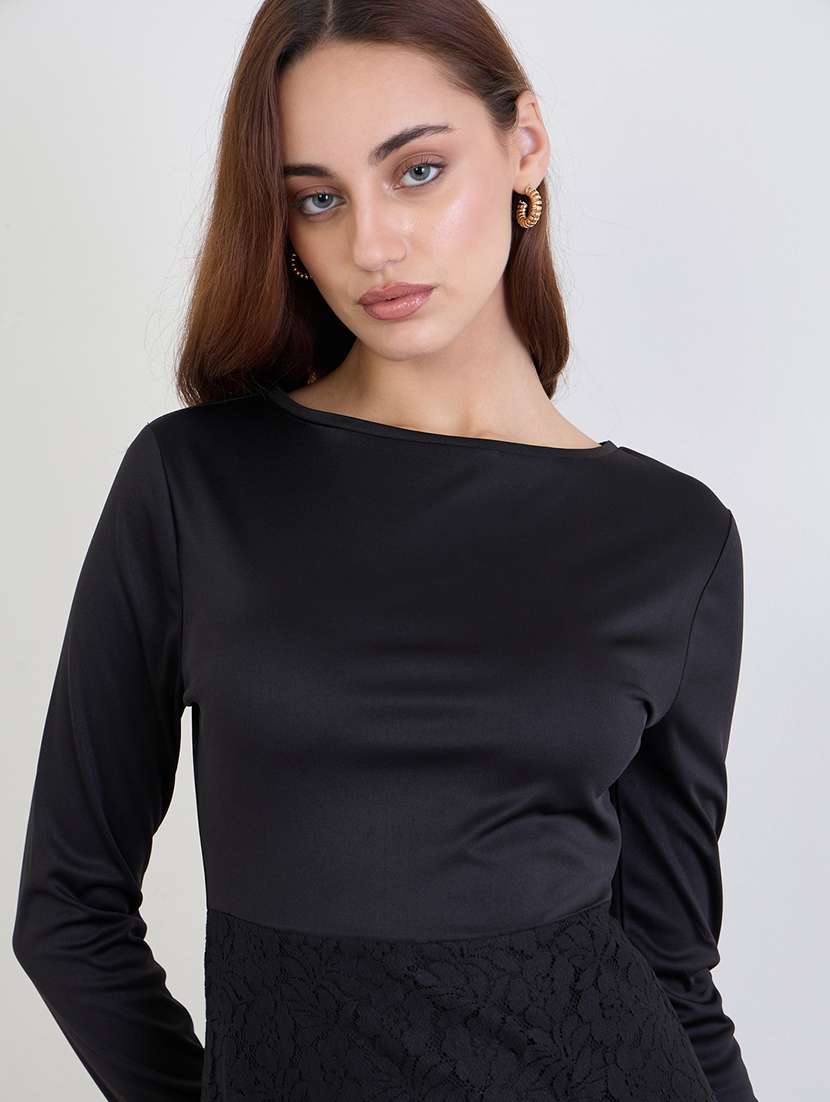 women solid long sleeve lace a-line dress - 22219915 -  Standard Image - 3