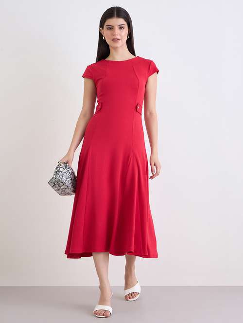 women solid cap sleeve fit and flare dress - 22219918 -  Standard Image - 0