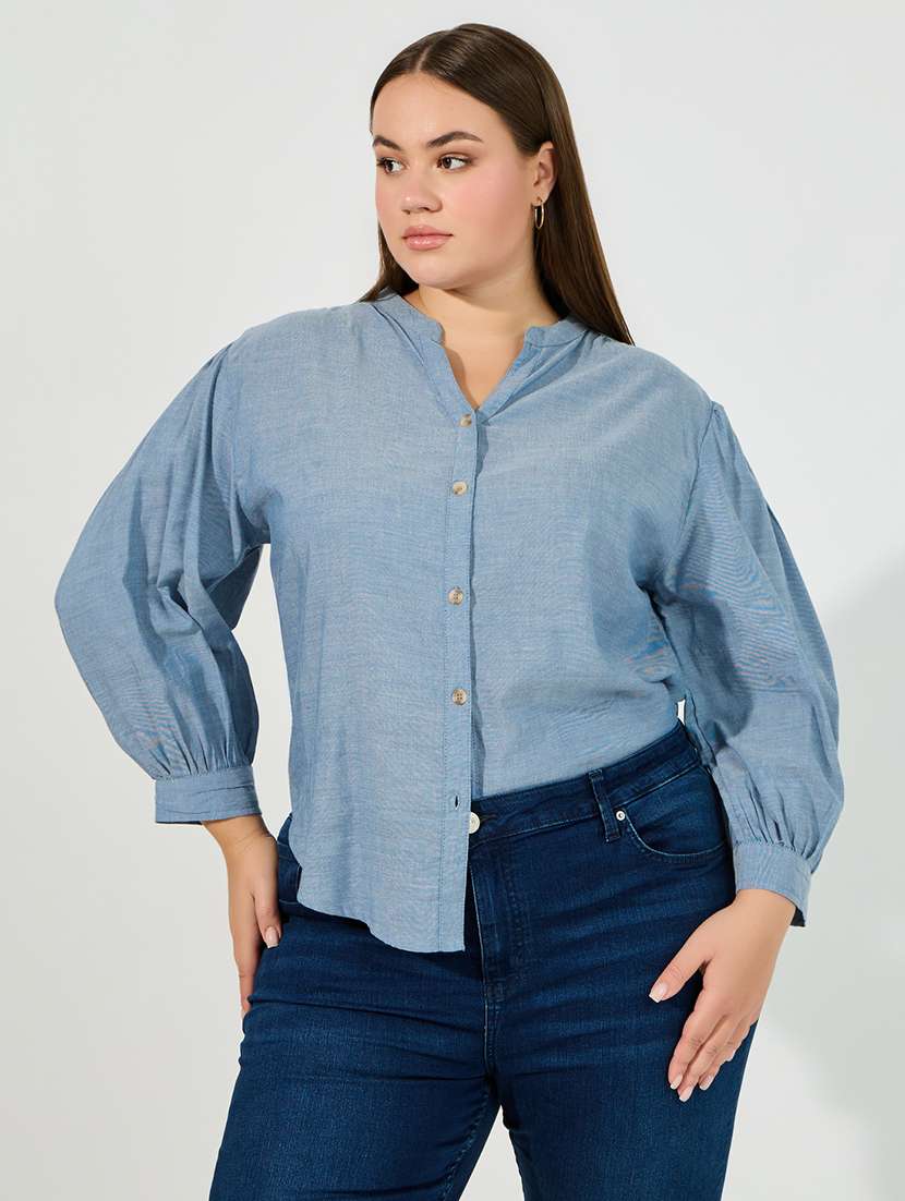 women plus size solid mandarin neck puff sleeve shirt