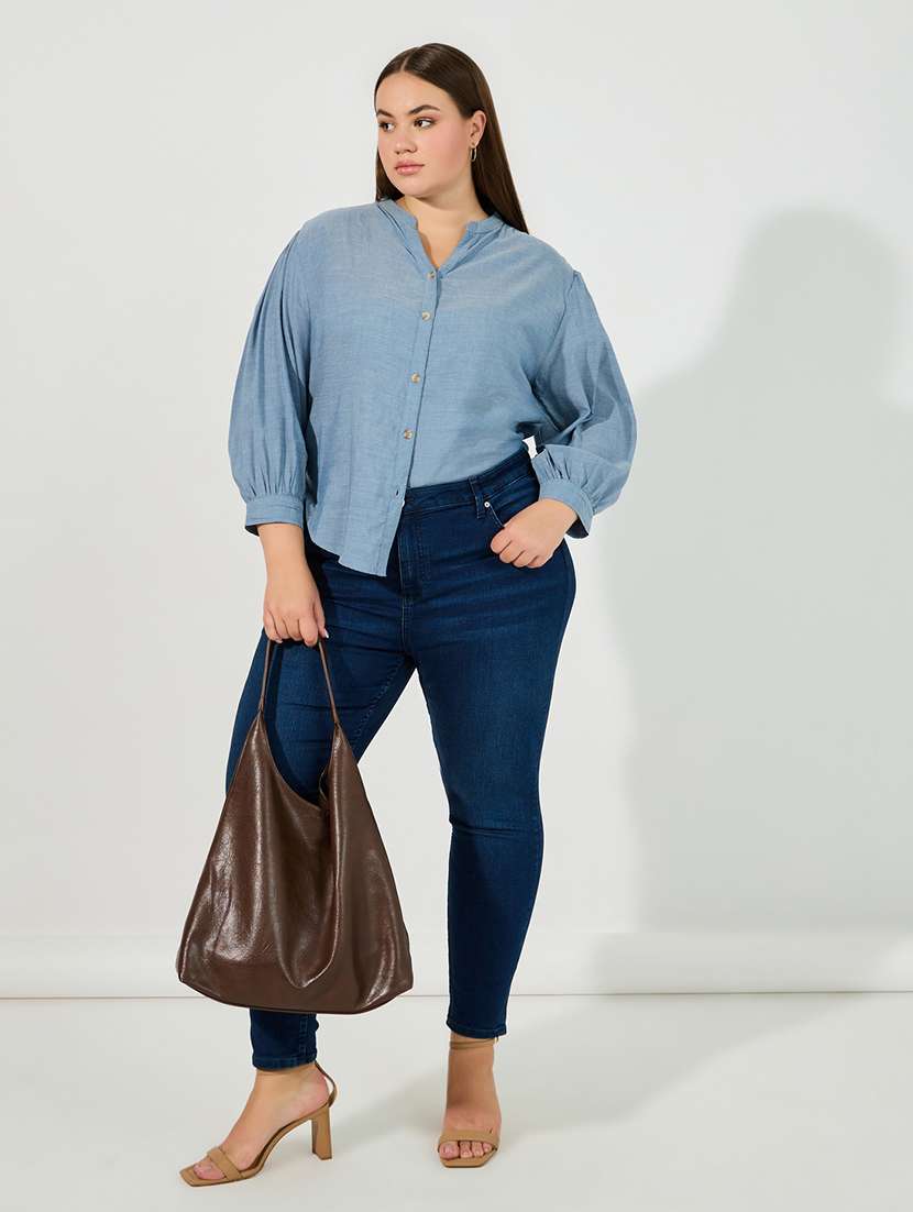 women plus size solid mandarin neck puff sleeve shirt - 22219935 -  Standard Image - 3