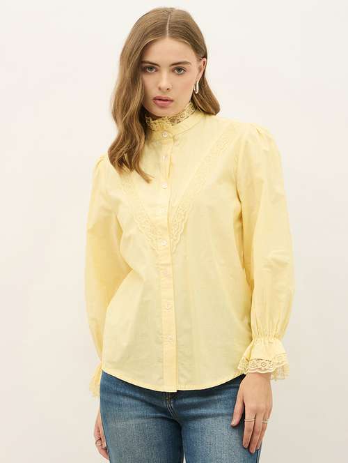 women solid puff sleeve mandarin neck shirt - 22219936 -  Standard Image - 0