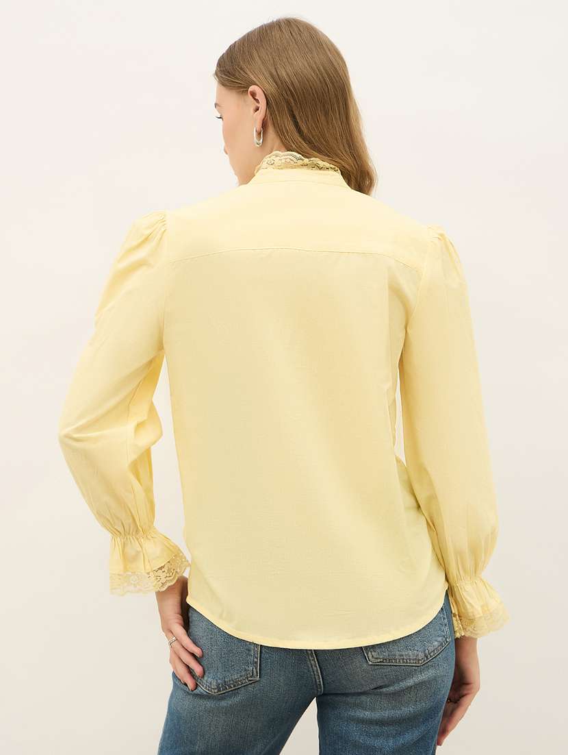 women solid puff sleeve mandarin neck shirt - 22219936 -  Standard Image - 3