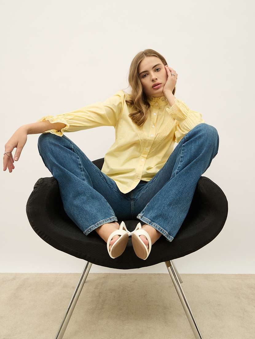 women solid puff sleeve mandarin neck shirt - 22219936 -  Standard Image - 5