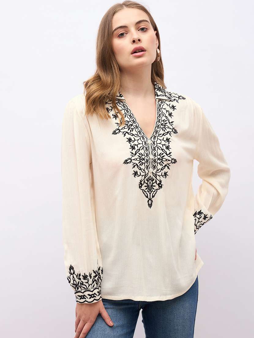 women embroidered long sleeve collared top