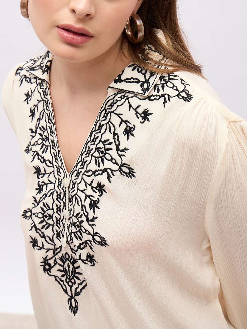 women embroidered long sleeve collared top - 22219943 -  Standard Image - 5