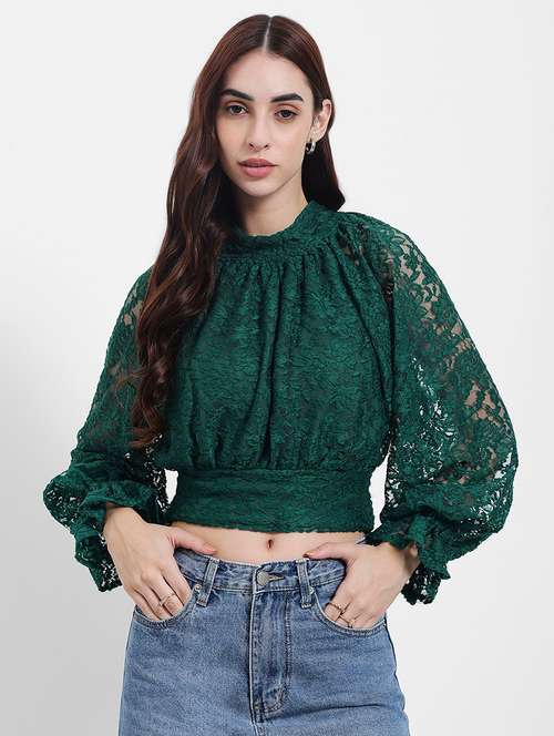 women self desigend puff sleeve lace crop top - 22219947 -  Standard Image - 0