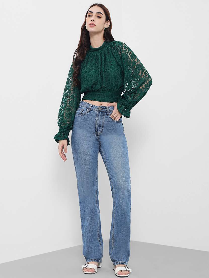 women self desigend puff sleeve lace crop top - 22219947 -  Standard Image - 3