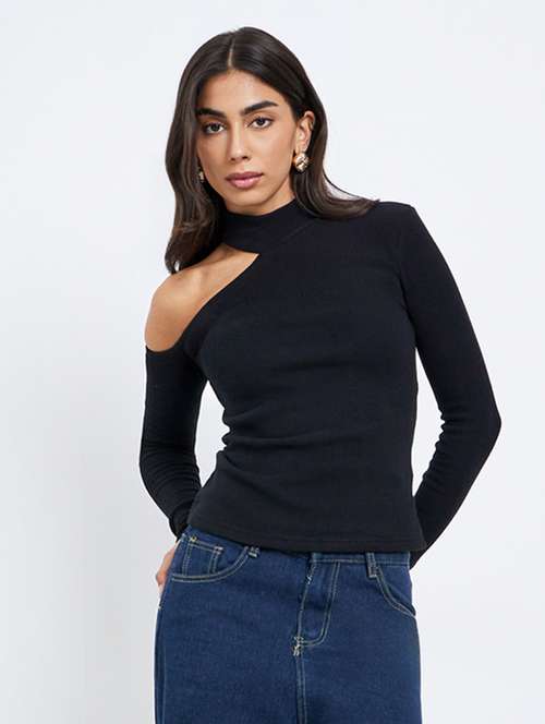 women solid long sleeve cut out straight top - 22219951 -  Standard Image - 0