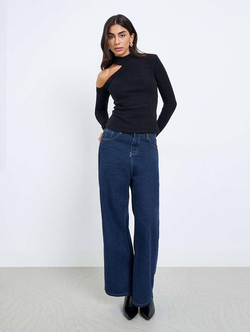 women solid long sleeve cut out straight top - 22219951 -  Standard Image - 3