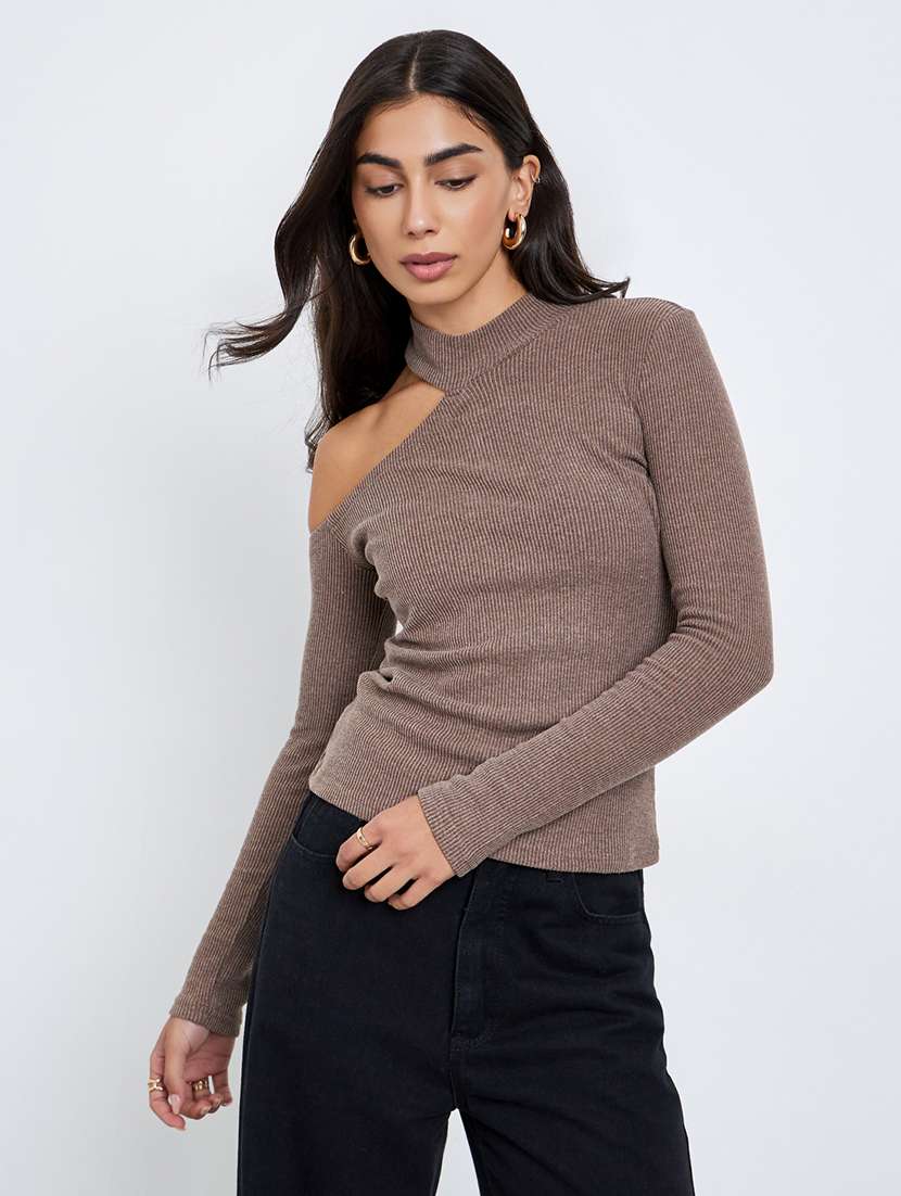 women solid long sleeve cut out straight top