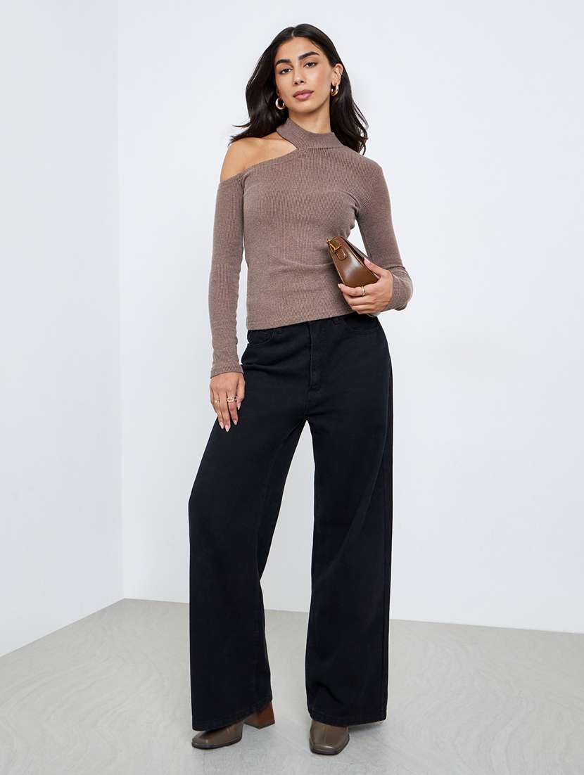 women solid long sleeve cut out straight top - 22219952 -  Standard Image - 3