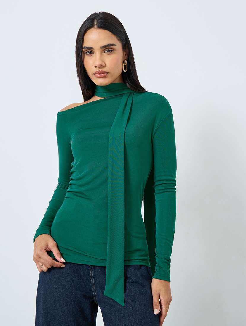 women solid asymmetric neck long sleeve top - 22219954 -  Zoom Image - 0
