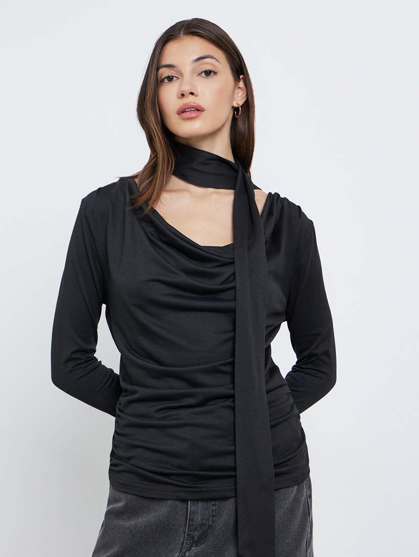 women solid long sleeve cowl neck straight top