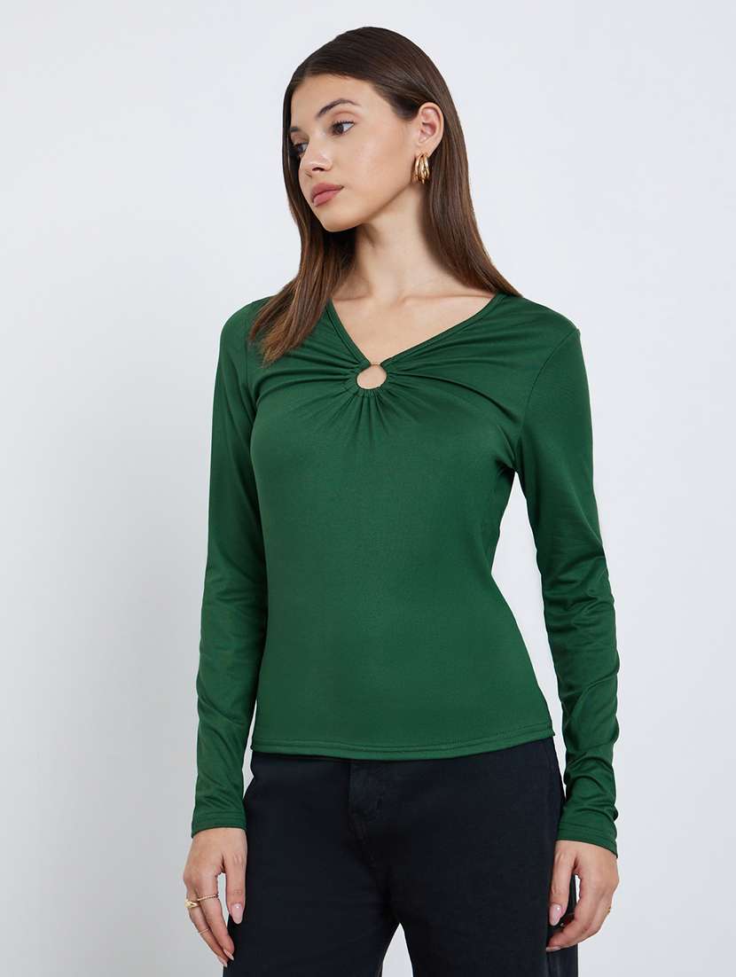 women solid long sleeve straight top