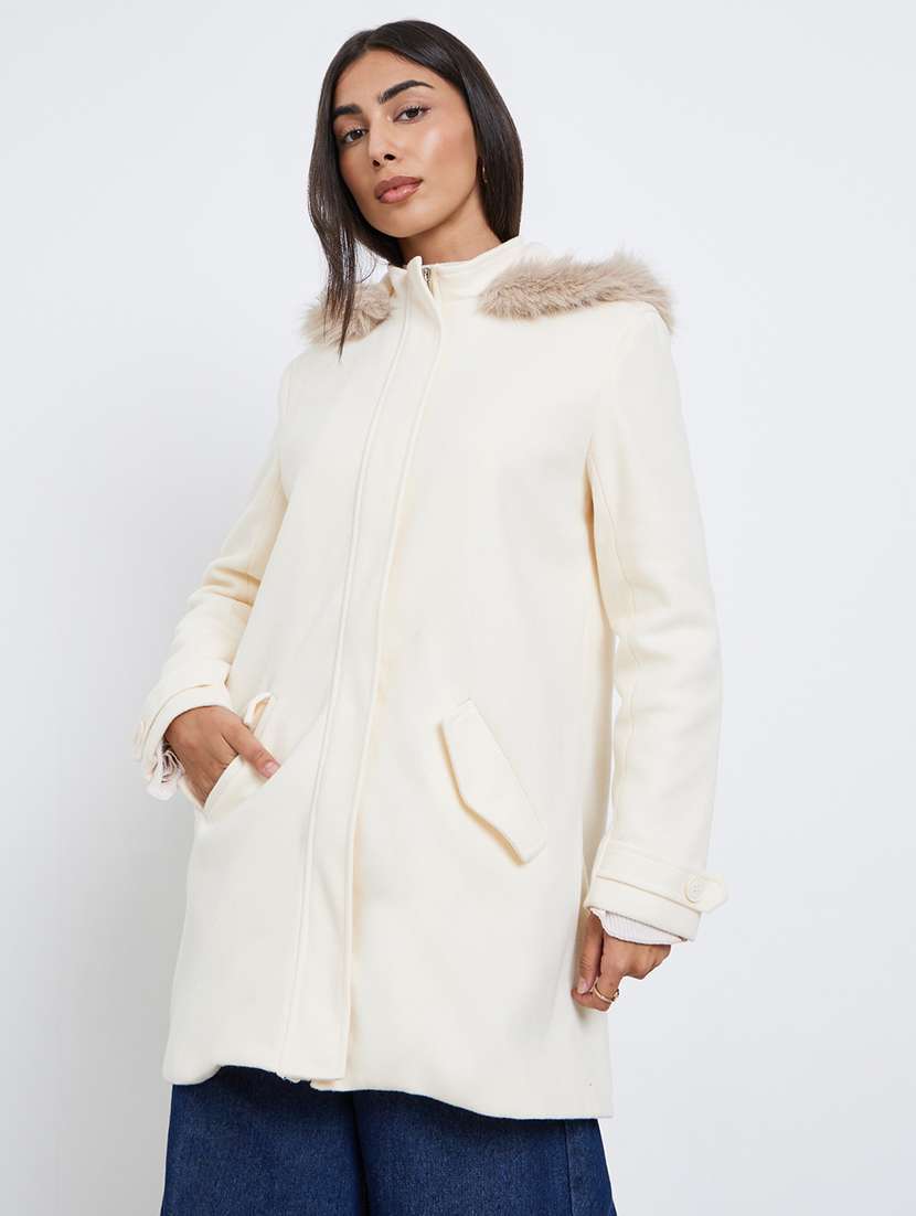 women solid long sleeve hooded trench coat