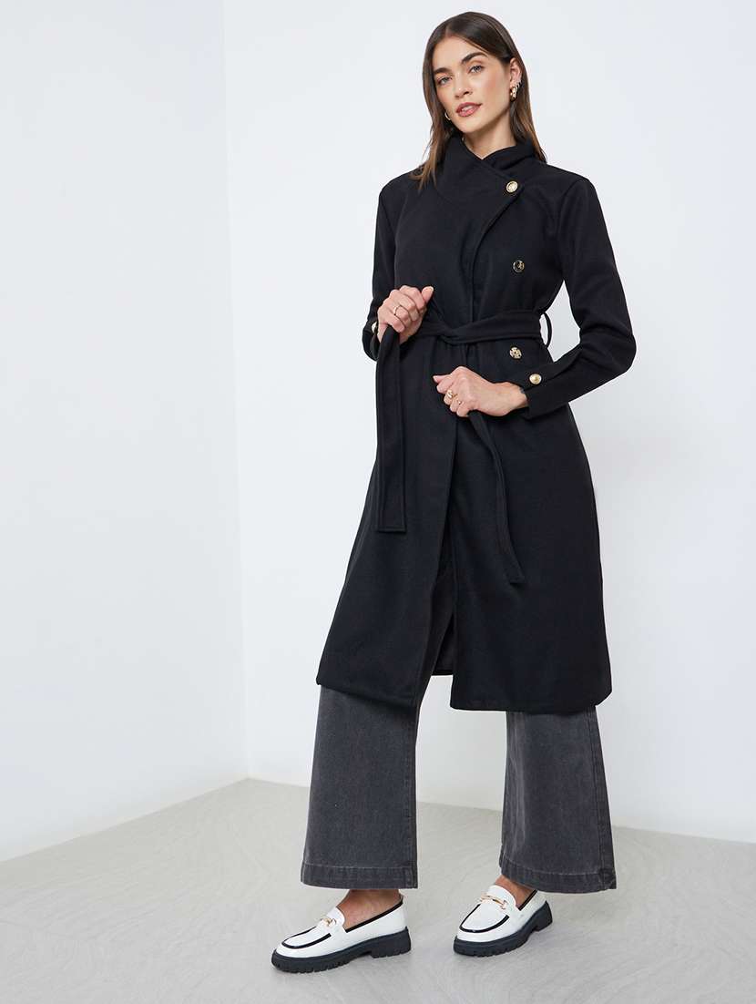 women black solid long sleeve trench coat