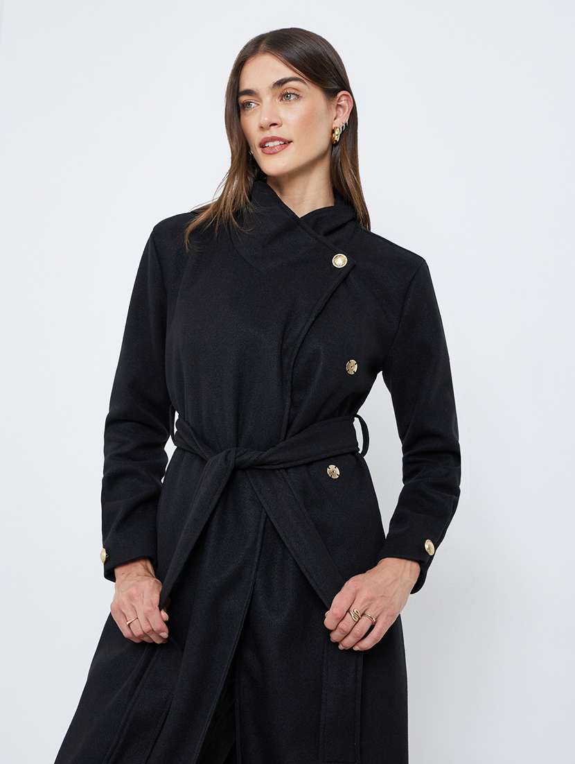 women black solid long sleeve trench coat - 22219975 -  Standard Image - 3
