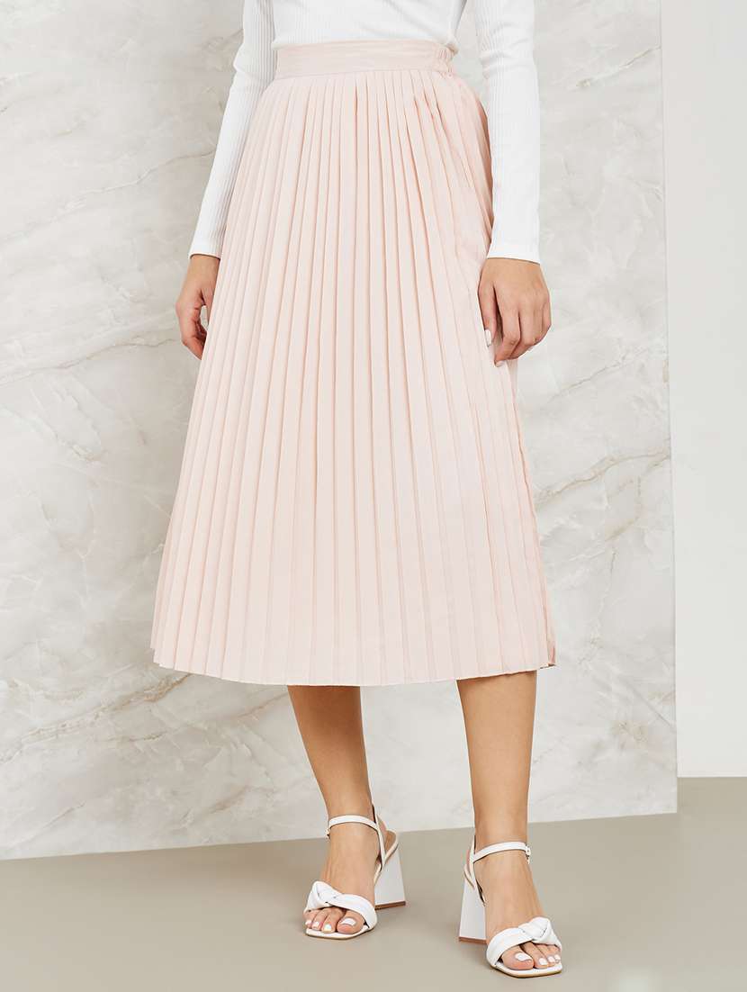 women solid high rise pleated skirt