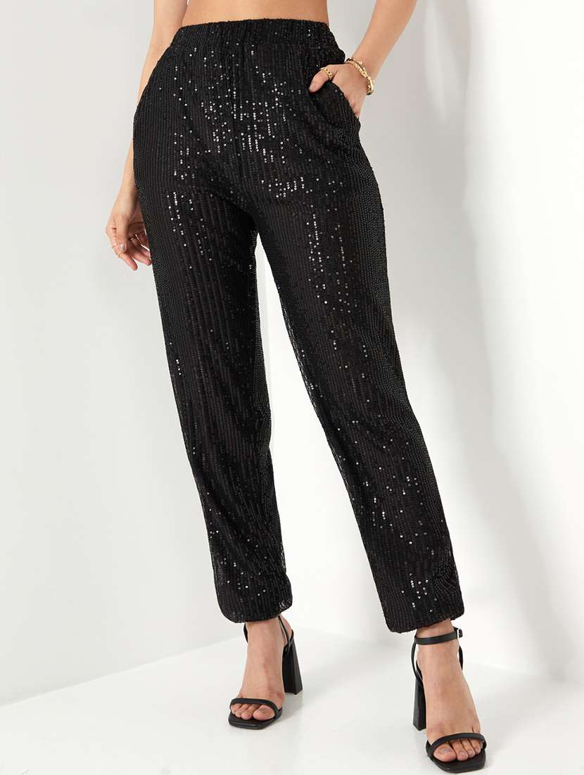 women sequined high rise straight trouser