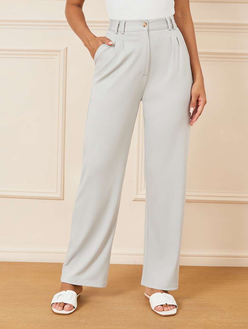 women solid high rise straight trouser