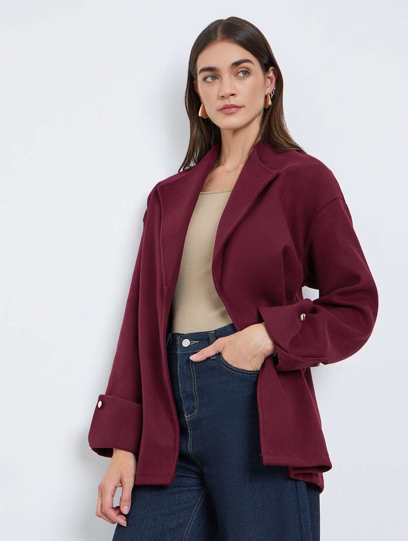women solid long sleeve regular coat