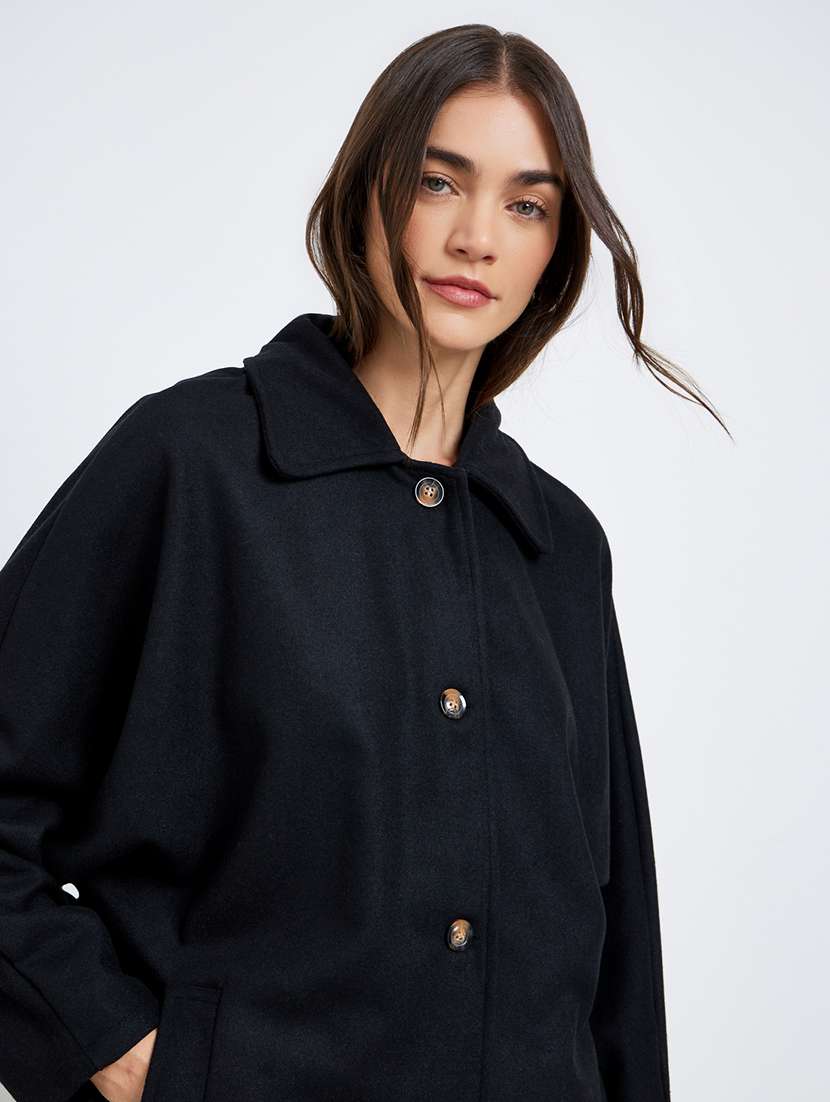 women solid long sleeve collared regular coat - 22220014 -  Standard Image - 3