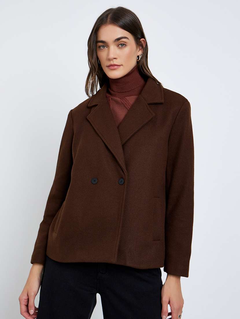 women solid lapel neck long sleeve double breasted jacket