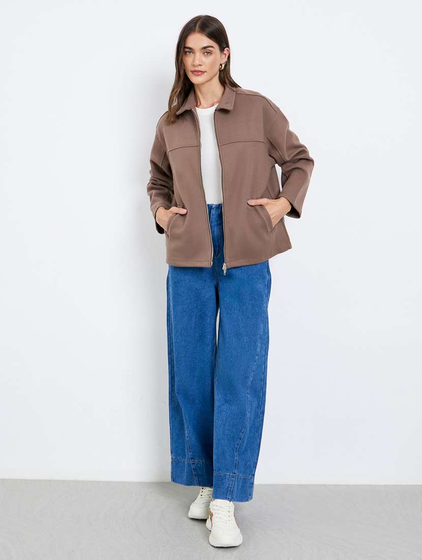 women solid collared long sleeve oversized jacket - 22220021 -  Standard Image - 3