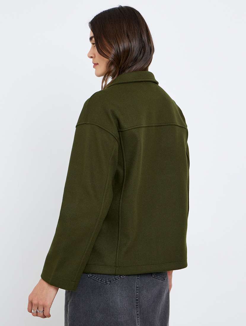 women solid collared long sleeve oversized jacket - 22220022 -  Standard Image - 3