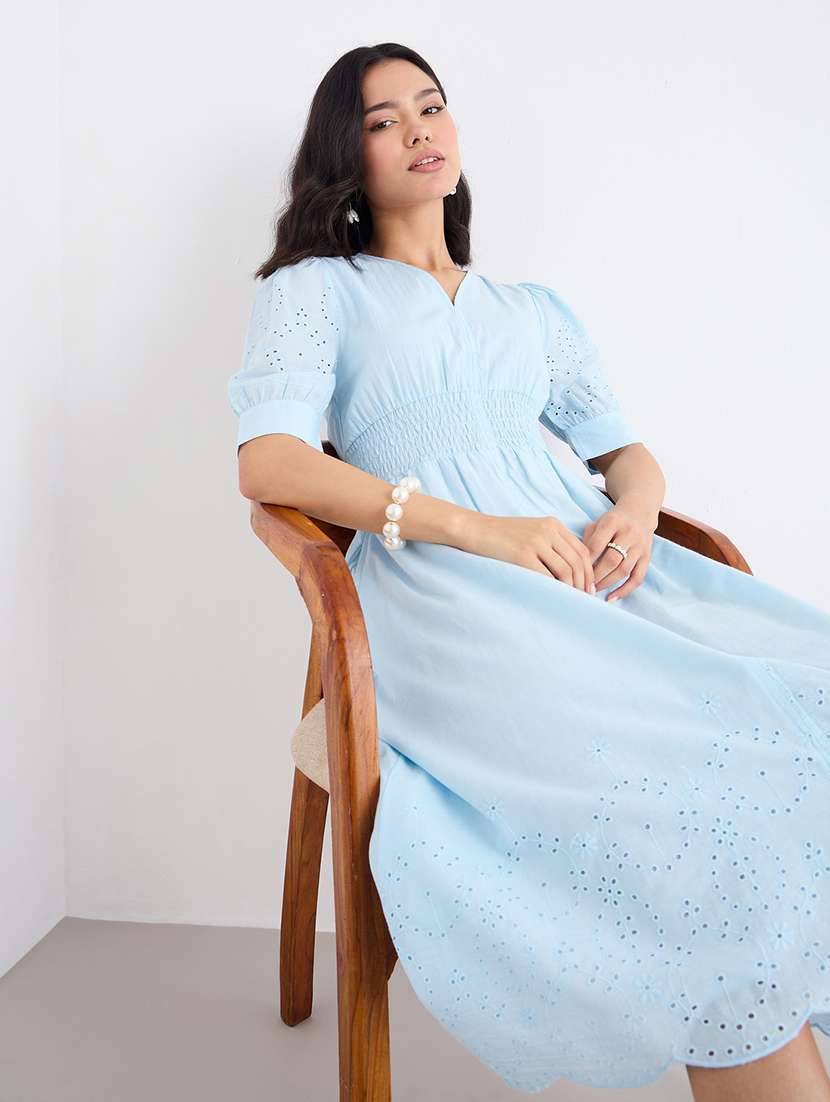women solid puff sleeve schiffli a-line dress - 22220025 -  Standard Image - 3