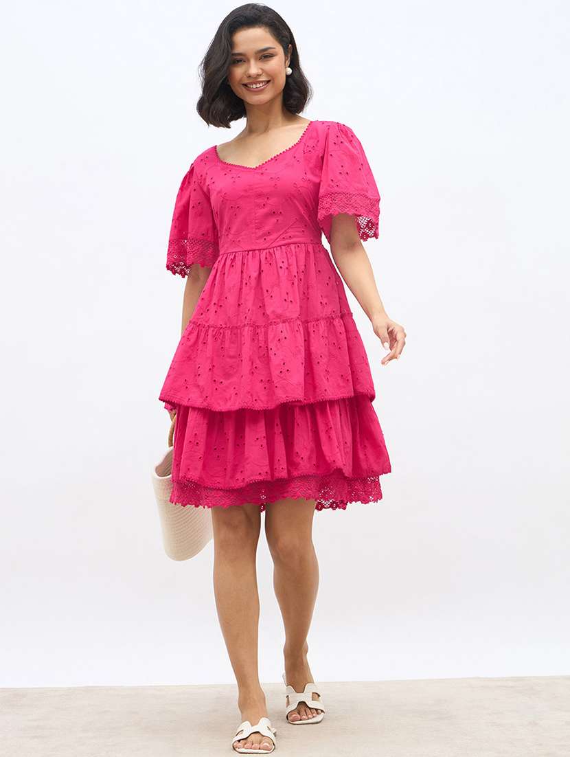 women solid puff sleeve schiffli tiered dress