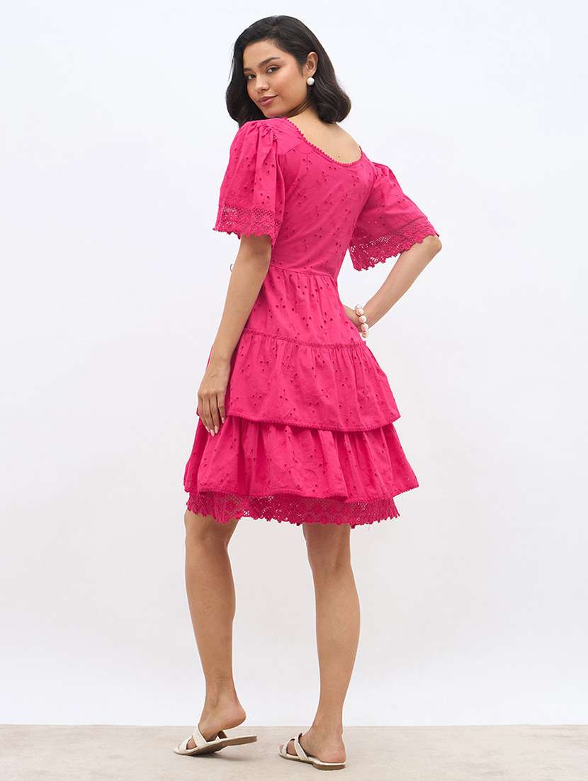 Women Solid Puff Sleeve Schiffli Tiered Dress - 22220027 -  Standard Image - 3
