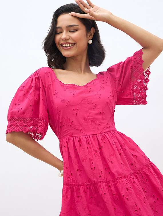 Women Solid Puff Sleeve Schiffli Tiered Dress - 22220027 -  Standard Image - 5