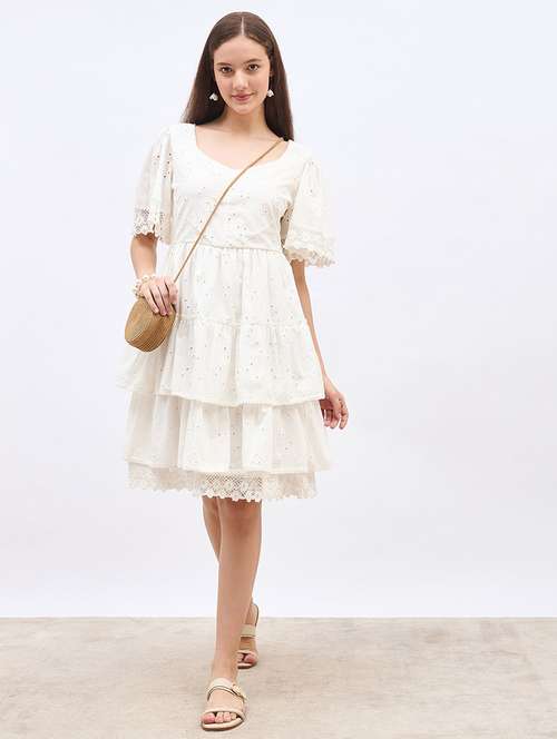 women solid puff sleeve schiffli tiered dress - 22220028 -  Standard Image - 0