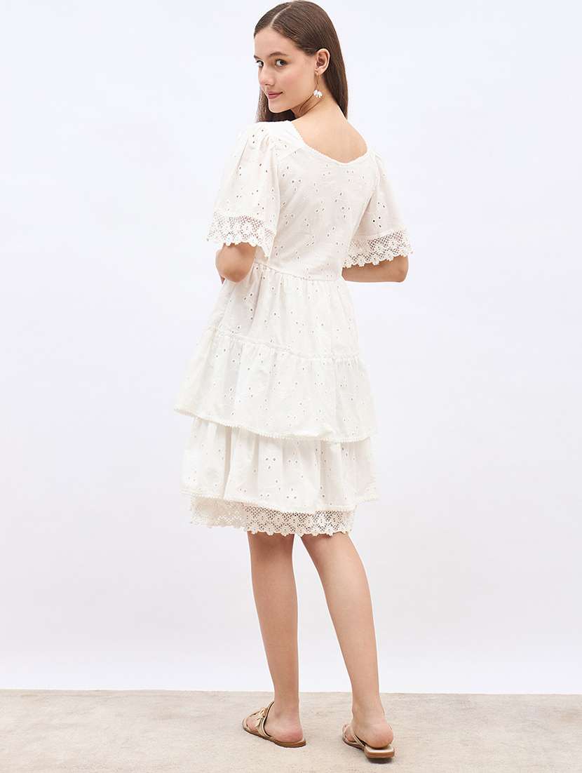 women solid puff sleeve schiffli tiered dress - 22220028 -  Standard Image - 3
