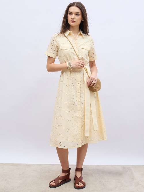 women solid collared short sleeve schiffli shirt dress - 22220029 -  Standard Image - 0