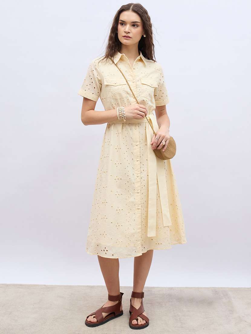 women solid collared short sleeve schiffli shirt dress - 22220029 -  Zoom Image - 0