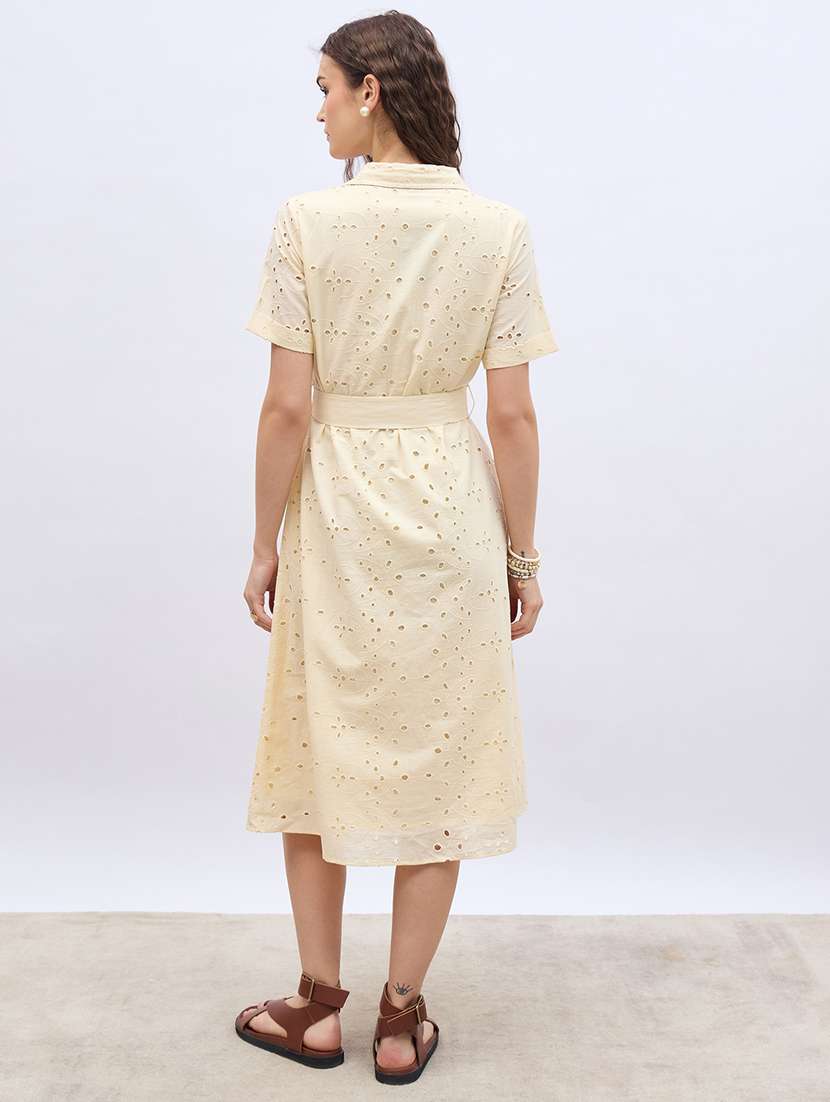 women solid collared short sleeve schiffli shirt dress - 22220029 -  Standard Image - 3