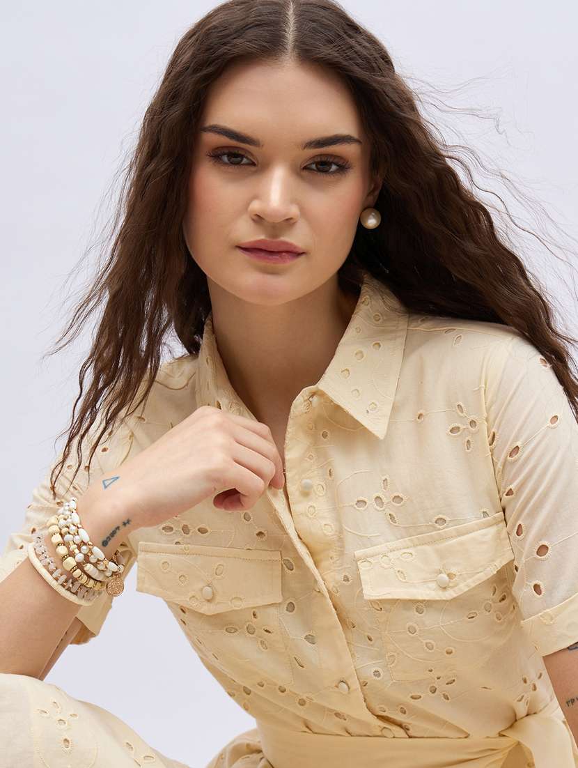 women solid collared short sleeve schiffli shirt dress - 22220029 -  Standard Image - 5